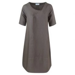 Linen Balloon Fit Dress With 3/4 Sleeves - Taupe By Haris Cotton