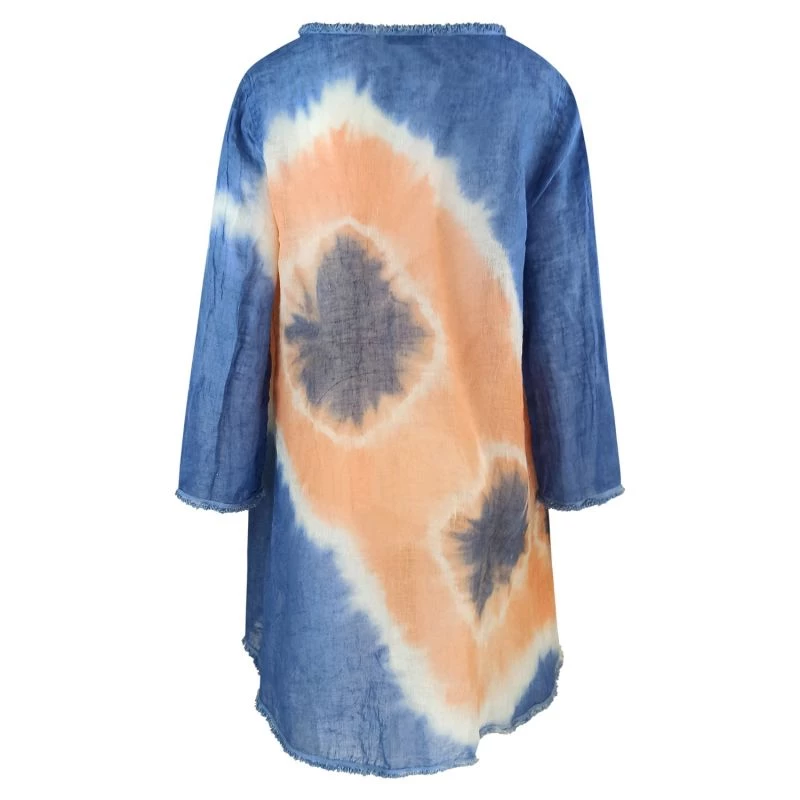 "V" Neckline Flared Linen Gauze Tie Dye Top - Lapis/Peachy By Haris Cotton 2 "V" Neckline Flared Linen Gauze Tie Dye Top - Lapis/Peachy By Haris Cotton - Image 2