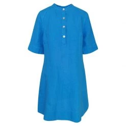 Short Sleeved Linen Mini Dress With Front Buttons - Santorini Blue By Haris Cotton