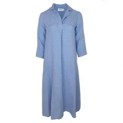 Maxi Linen Dress With Front Pleat & Lapels - Leisure Blue By Haris Cotton