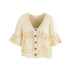 Linen Top With Buttons And Embroidered Details - Yellow & Orange By Haris Cotton