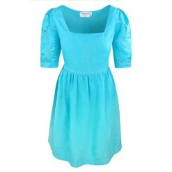 Mini Length Linen Dress With Puff Emdroidered Sleeves - Blue By Haris Cotton