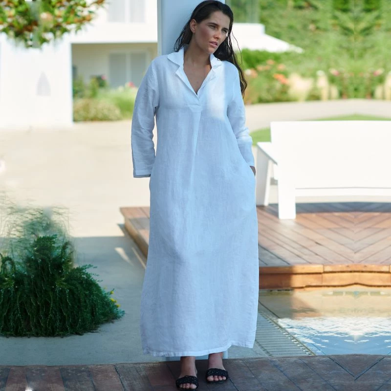 Maxi Linen Dress With Front Pleat & Lapels - White By Haris Cotton 2 Maxi Linen Dress With Front Pleat & Lapels - White By Haris Cotton - Image 2