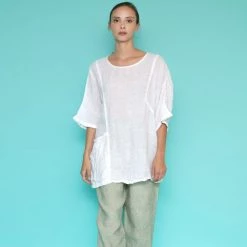 Front Pocket Loose Fit Linen Gauze Blouse - White By Haris Cotton -Cheap Haris Cotton Store bt2q153f3pswx5vo0ycq