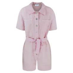 Short Sleeved Linen-Blend Jumpsuit With Front Buttons - Violet By Haris Cotton