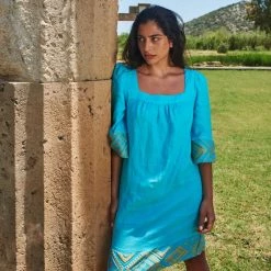 Midi Linen Dress With Emdroidered Panels - Zante Blue By Haris Cotton -Cheap Haris Cotton Store cby1agpdqjlcvxmdhtxr