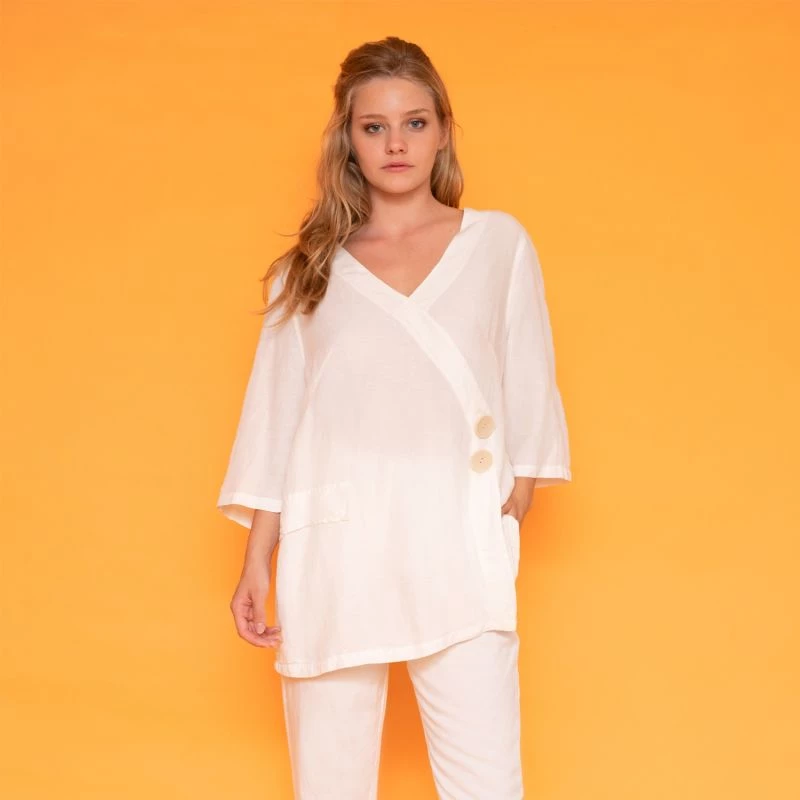 Front Pleat Wrap-Effect Linen-Blend Blouse With Front Buttons - White By Haris Cotton 2 Front Pleat Wrap-Effect Linen-Blend Blouse With Front Buttons - White By Haris Cotton - Image 2