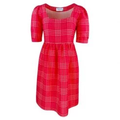 Mini Length Linen-Blend Dress With Puff Sleeves -Fuchsia Check By Haris Cotton