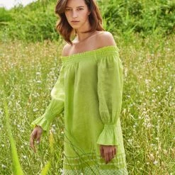 Mini Linen Off Shoulders Dress With Embroidered Cotton Panels - Spring Green By Haris Cotton -Cheap Haris Cotton Store coieek2lqmzi7q7hazp4