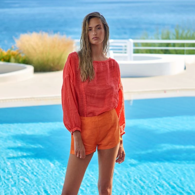 Long Sleeved Linen Gauze Blouse With Front Seams - Coral Reef By Haris Cotton 2 Long Sleeved Linen Gauze Blouse With Front Seams - Coral Reef By Haris Cotton - Image 2