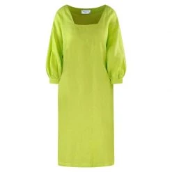 Midi Linen Dress With Puff Sleeves - Spring Green By Haris Cotton