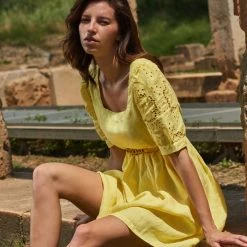 Mini Length Linen Dress With Puff Emdroidered Sleeves - Yellow & Orange By Haris Cotton -Cheap Haris Cotton Store ebpf5pkxldctjub6wwso