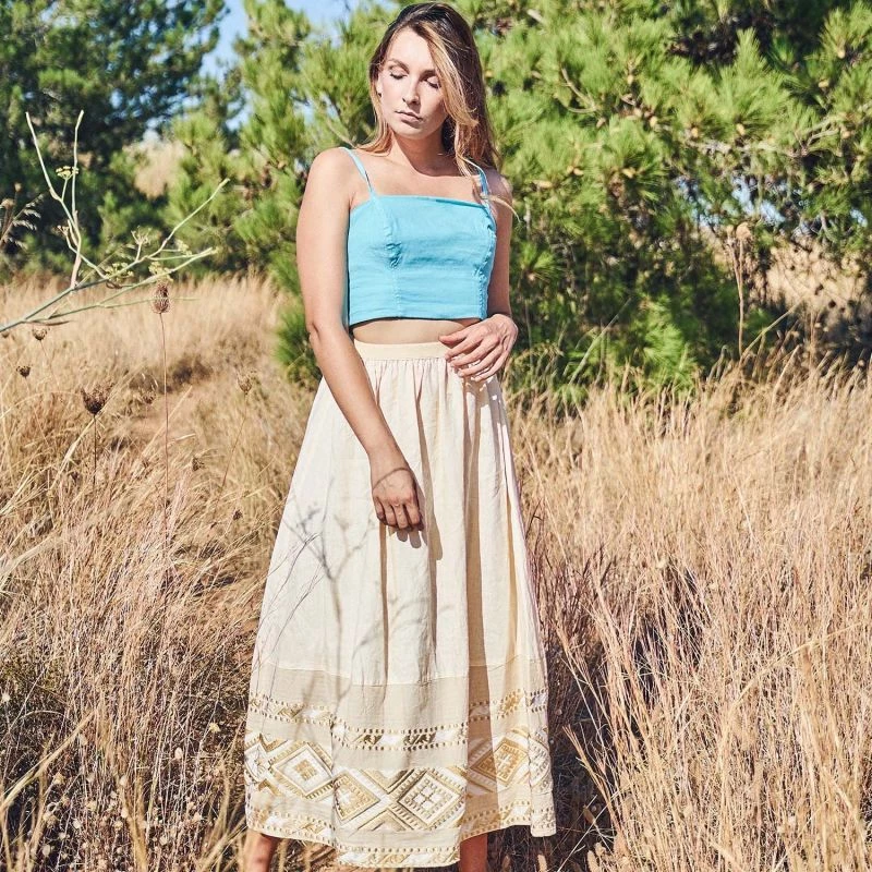 Maxi Linen Ruffled Skirt With Embroidered Panels - Melon By Haris Cotton 2 Maxi Linen Ruffled Skirt With Embroidered Panels - Melon By Haris Cotton - Image 2