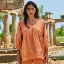 "V"Neck Linen Long Sleeved Blouse - Peachy By Haris Cotton -Cheap Haris Cotton Store fivs8vx4qy47li6nfw3g