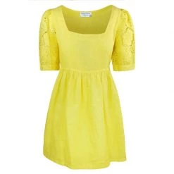 Mini Length Linen Dress With Puff Emdroidered Sleeves - Yellow & Orange By Haris Cotton