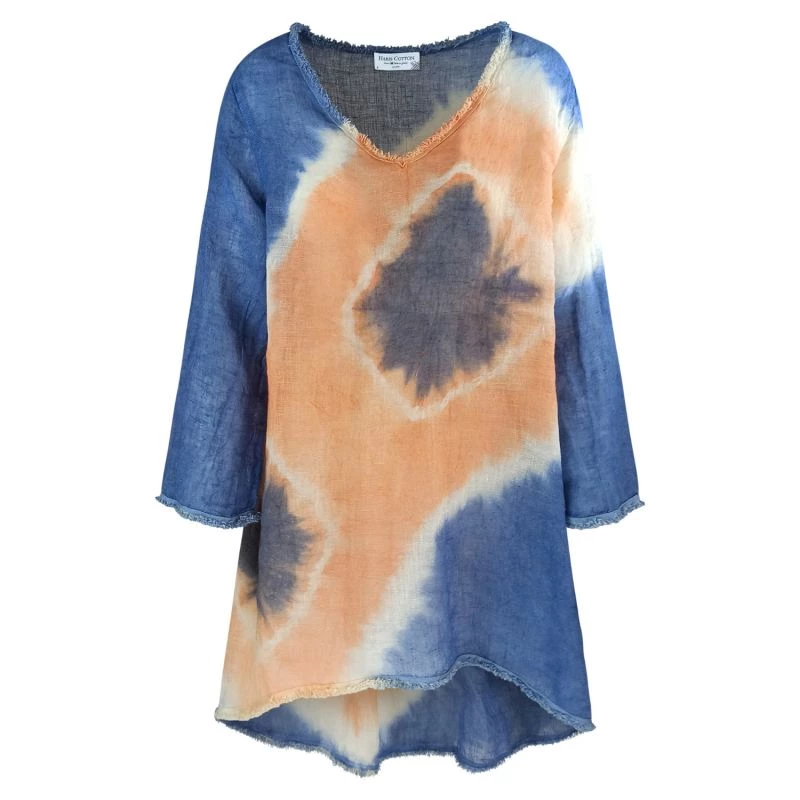 "V" Neckline Flared Linen Gauze Tie Dye Top - Lapis/Peachy By Haris Cotton 1 "V" Neckline Flared Linen Gauze Tie Dye Top - Lapis/Peachy By Haris Cotton