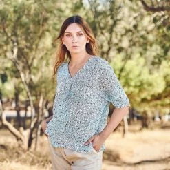 Printed Viscose "V" Neck Blouse - Blue By Haris Cotton -Cheap Haris Cotton Store fq3h6adsccqlau6akd29