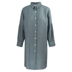 Linen Shirt Dress With Puff Long Sleeves - Harbor Grey By Haris Cotton