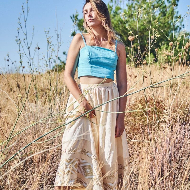 Maxi Linen Ruffled Skirt With Embroidered Panels - Melon By Haris Cotton 3 Maxi Linen Ruffled Skirt With Embroidered Panels - Melon By Haris Cotton - Image 3