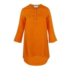 High-Low "V" Neck Linen Gauze Tunic - Ochre By Haris Cotton