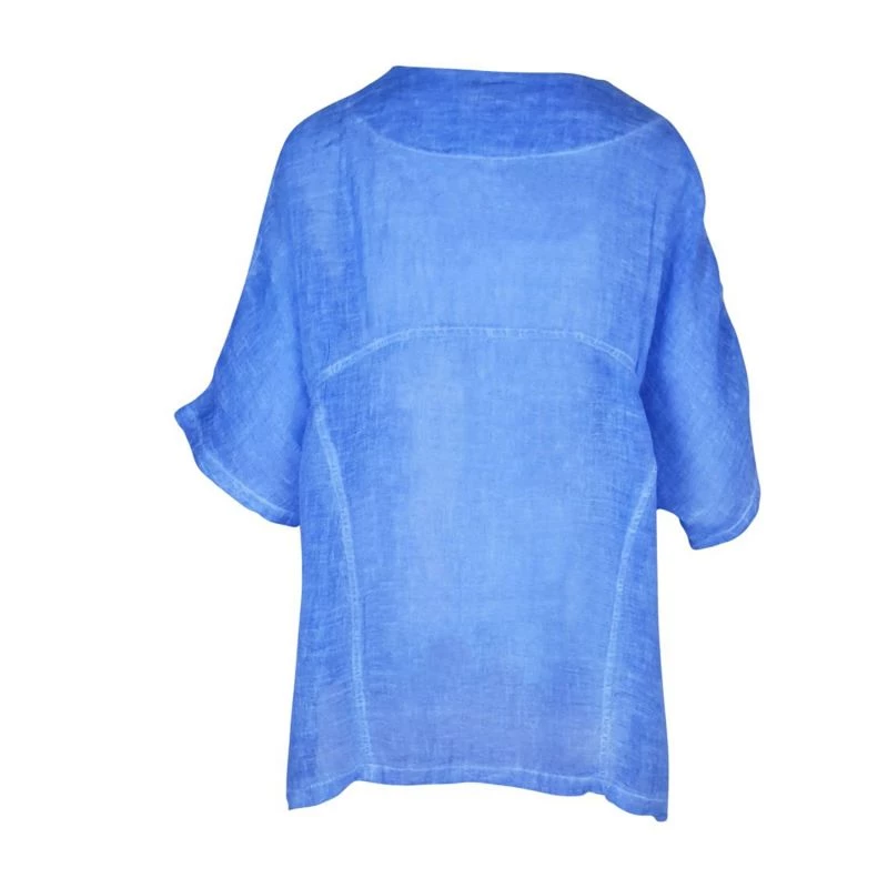 V-Neck Linen Gauze Freddo Dye Loose-Fit Blouse- Aegean Blue By Haris Cotton 2 V-Neck Linen Gauze Freddo Dye Loose-Fit Blouse- Aegean Blue By Haris Cotton - Image 2