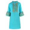 Linen Mini Dress With Embroidered Panels - Zante Blue By Haris Cotton