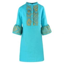 Linen Mini Dress With Embroidered Panels - Zante Blue By Haris Cotton