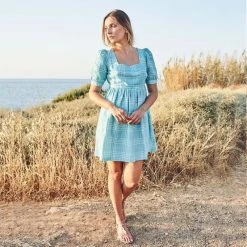 Mini Length Linen-Blend Dress With Puff Sleeves - Zante Blue By Haris Cotton -Cheap Haris Cotton Store hnsgq8nf92nfdsnjzehi