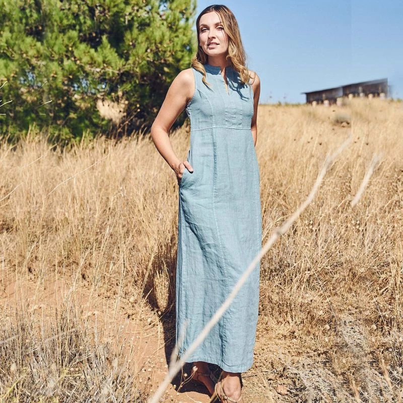 Split Neck Sleeveless Maxi Linen Dress - Harbor Grey By Haris Cotton 3 Split Neck Sleeveless Maxi Linen Dress - Harbor Grey By Haris Cotton - Image 3