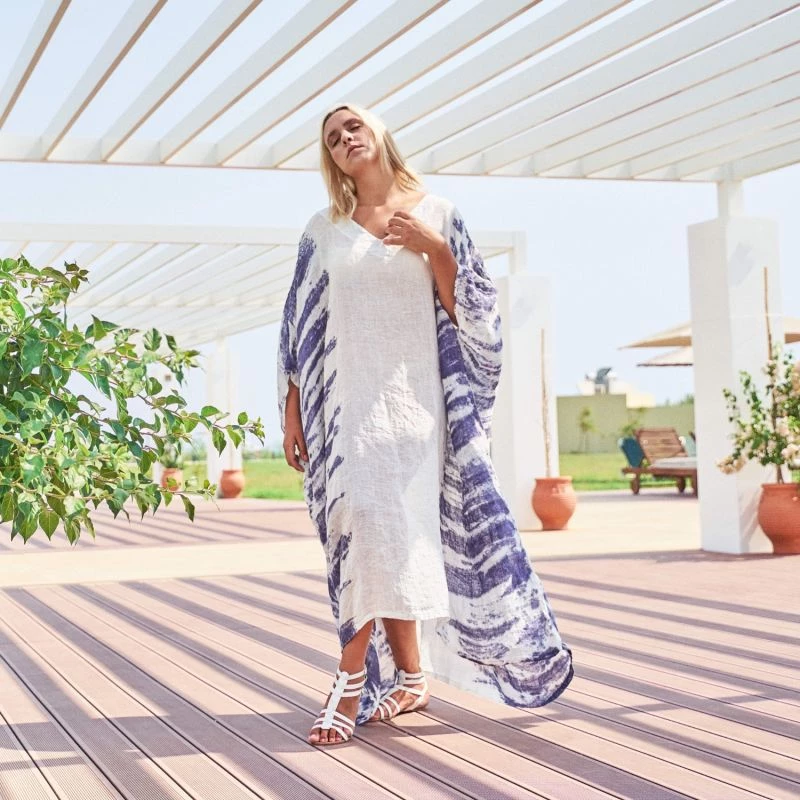 Loose Fit Linen Gauze Dress - White/Lapis By Haris Cotton 3 Loose Fit Linen Gauze Dress - White/Lapis By Haris Cotton - Image 3