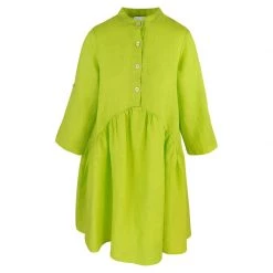 Mini Length Linen Dress With Buttons - Spring Green By Haris Cotton