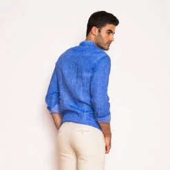 Long Sleeved Front Pocket Linen Shirt - Aegean Blue By Haris Cotton -Cheap Haris Cotton Store idgdaoawjyn1cg9nzn9r