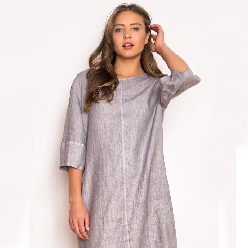 Lantern Sleeves Linen Midi Dress - Grey By Haris Cotton 2 Lantern Sleeves Linen Midi Dress - Grey By Haris Cotton - Image 2