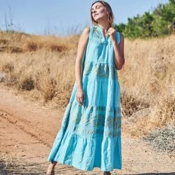 Split Neck Sleeveless Maxi Linen Dress With Embroidered Cotton Panels - Zante Blue By Haris Cotton -Cheap Haris Cotton Store im3fl60uouaofgjxzwxn