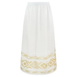 Maxi Linen Ruffled Skirt With Embroidered Panels - White By Haris Cotton