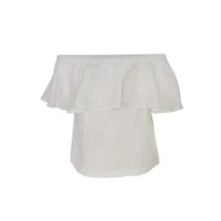 Off Shoulders Linen Cropped Top With Ruffles - White By Haris Cotton