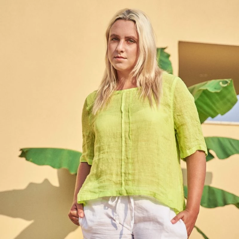 Linen Gauze Short Sleeved High-Low Blouse - Green By Haris Cotton 3 Linen Gauze Short Sleeved High-Low Blouse - Green By Haris Cotton - Image 3