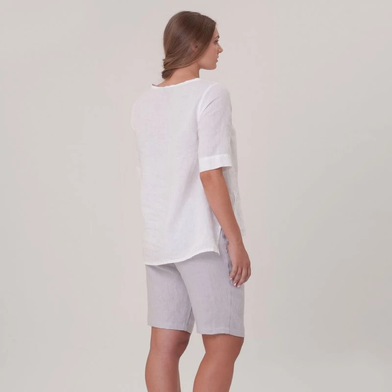 Front Pocket Linen Short-Sleeved Blouse - White By Haris Cotton 3 Front Pocket Linen Short-Sleeved Blouse - White By Haris Cotton - Image 3