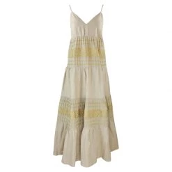 Maxi Linen Strap Dress With Embroidered Panels - Beach Sand By Haris Cotton
