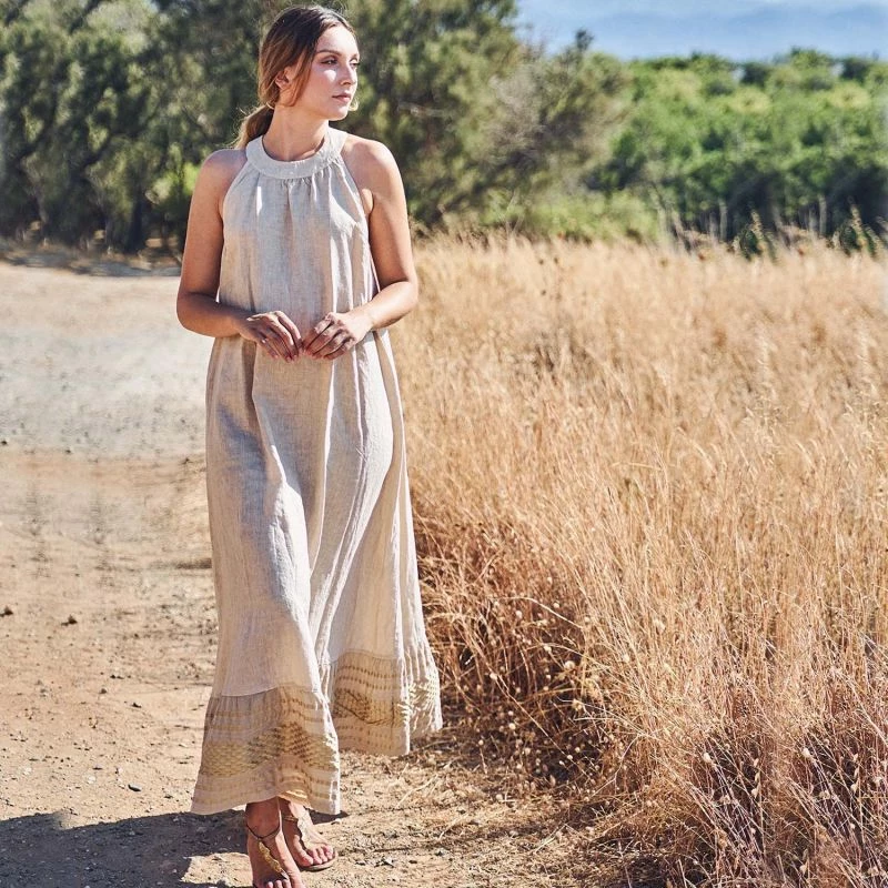 Halter Neck Maxi Linen Dress With Embroidered Cotton Panels - Beach Sand By Haris Cotton 3 Halter Neck Maxi Linen Dress With Embroidered Cotton Panels - Beach Sand By Haris Cotton - Image 3