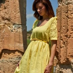 Mini Length Linen Dress With Puff Emdroidered Sleeves - Yellow & Orange By Haris Cotton -Cheap Haris Cotton Store kfipnfvqq2avwsncungj