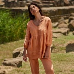 "V"Neck Linen Long Sleeved Blouse - Peachy By Haris Cotton -Cheap Haris Cotton Store kgiglqtw7w13dzy28ih6
