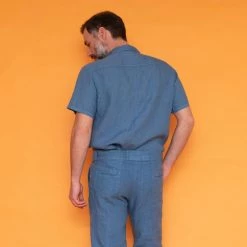 Short Sleeved Front Pocket Linen Shirt - Port Blue By Haris Cotton -Cheap Haris Cotton Store kkrm8tgk8hlndkwergzp