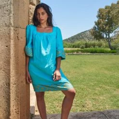 Midi Linen Dress With Emdroidered Panels - Zante Blue By Haris Cotton -Cheap Haris Cotton Store knjwxt5xqjprqjrka5yo