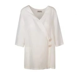 Front Pleat Wrap-Effect Linen-Blend Blouse With Front Buttons - White By Haris Cotton
