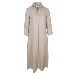 Maxi Linen Dress With Front Pleat & Lapels - Beach Sand By Haris Cotton