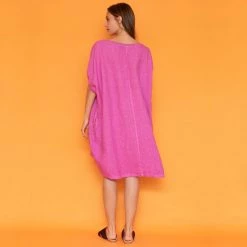 Loose Fit Rib Trimmed Linen Dress - Hydrangea By Haris Cotton -Cheap Haris Cotton Store marsf94fiukoito9voz5