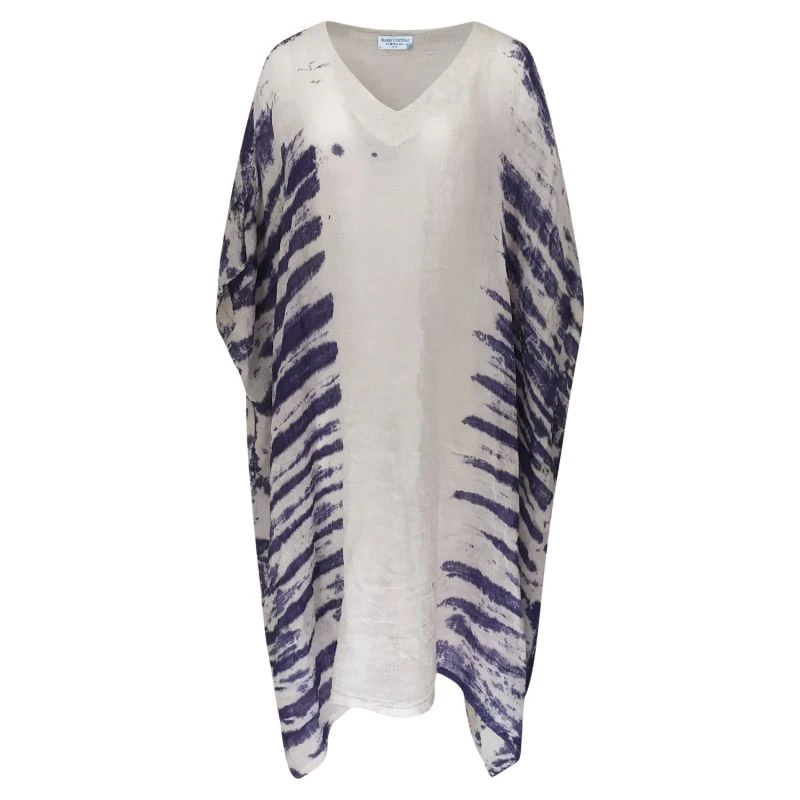 Loose Fit Linen Gauze Dress - White/Lapis By Haris Cotton 1 Loose Fit Linen Gauze Dress - White/Lapis By Haris Cotton