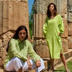 Midi Linen Dress With Puff Sleeves - Spring Green By Haris Cotton -Cheap Haris Cotton Store navytizvn3mplmralpuy
