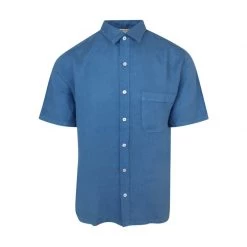 Short Sleeved Front Pocket Linen Shirt - Port Blue By Haris Cotton